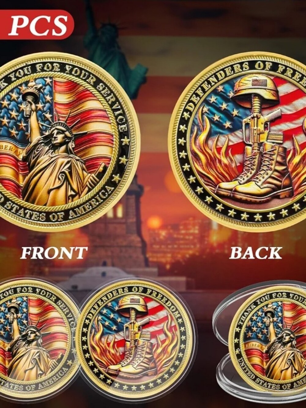 Patriotic Collectible Coins with Flag and Boot Design - Red, Blue, Gold - Picture 3 of 8